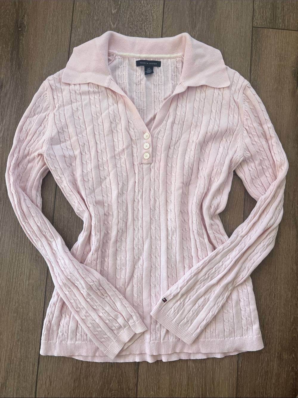 Tommy Hilfiger Light Pink Cable Knit Polo Sweater Vintage